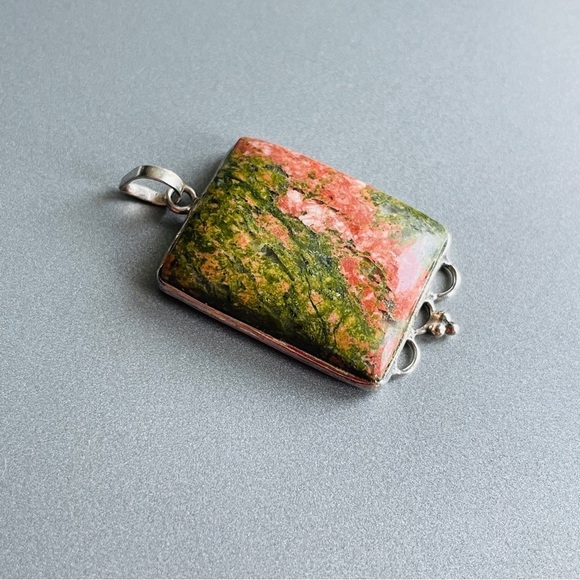 Green & Pink Unakite Jasper Rectangular Sterling Silver Vintage Pendant … - Picture 3 of 13